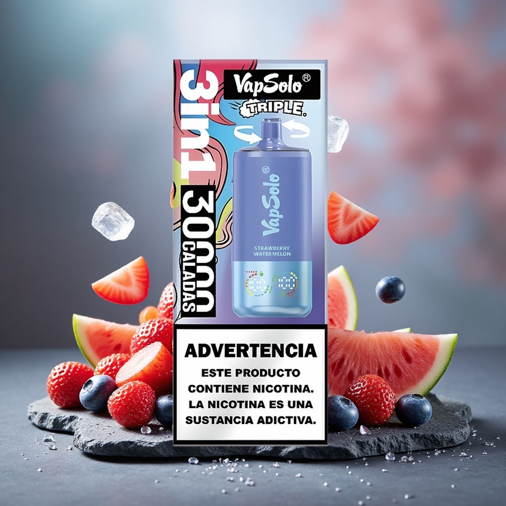 Vapsolo Triple 30000 Puffs 40ml E-Liquid Disposable Vape Strawberry Watermelon & Blueberry Ice